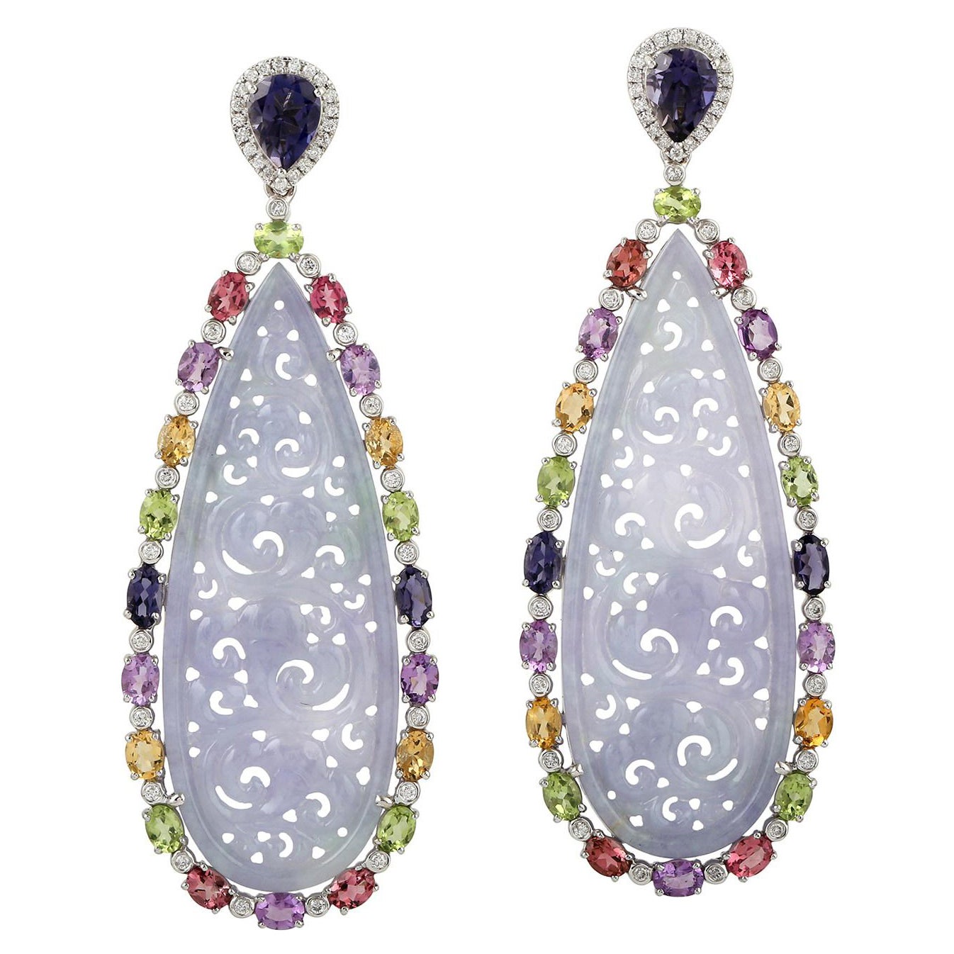 Drop Shape Multi Gemstone Dangle Earring with Carved Jade Made in 18k White Gold