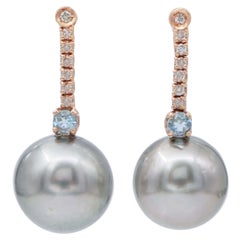 Grey Pearls, Aquamarine, Diamonds, 14 Karat Rose Gold Dangle Earrings
