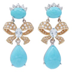 Turquoise, Aquamarine, Diamonds, 18 Karat White and Yellow Gold Earrings