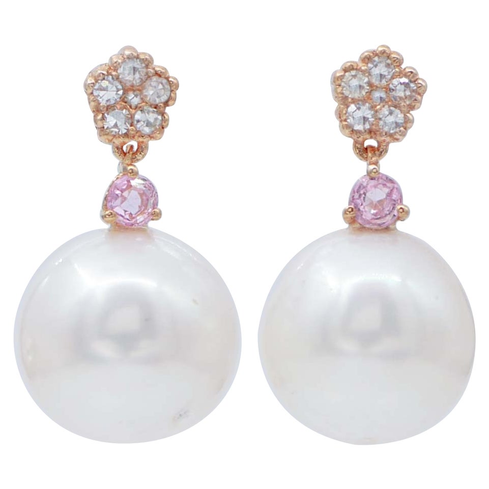 Pearls, Sapphires, Diamonds, 14 Karat Rose Gold Earrings