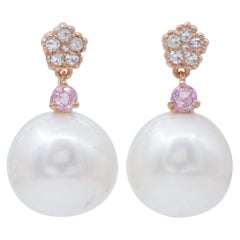 Pearls, Sapphires, Diamonds, 14 Karat Rose Gold Earrings
