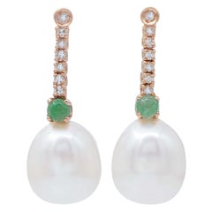 Pearls, Emeralds, Diamonds, 14 Karat Rose Gold Earrings