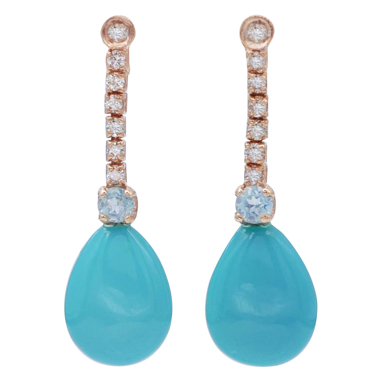 Turquoise, Aquamarine, Diamonds, 14 Karat Rose Gold Earrings at 1stDibs