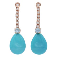 Turquoise, Aquamarine, Diamonds, 14 Karat Rose Gold Earrings