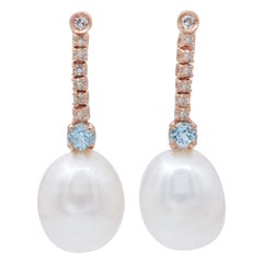 Pearls, Diamonds, Aquamarine, 14 Karat Rose Gold Earrings