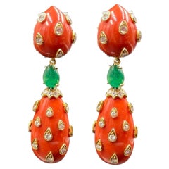 Coral Drop Earring with Diamonds and Emeralds Made in 18K Gold by David Webb