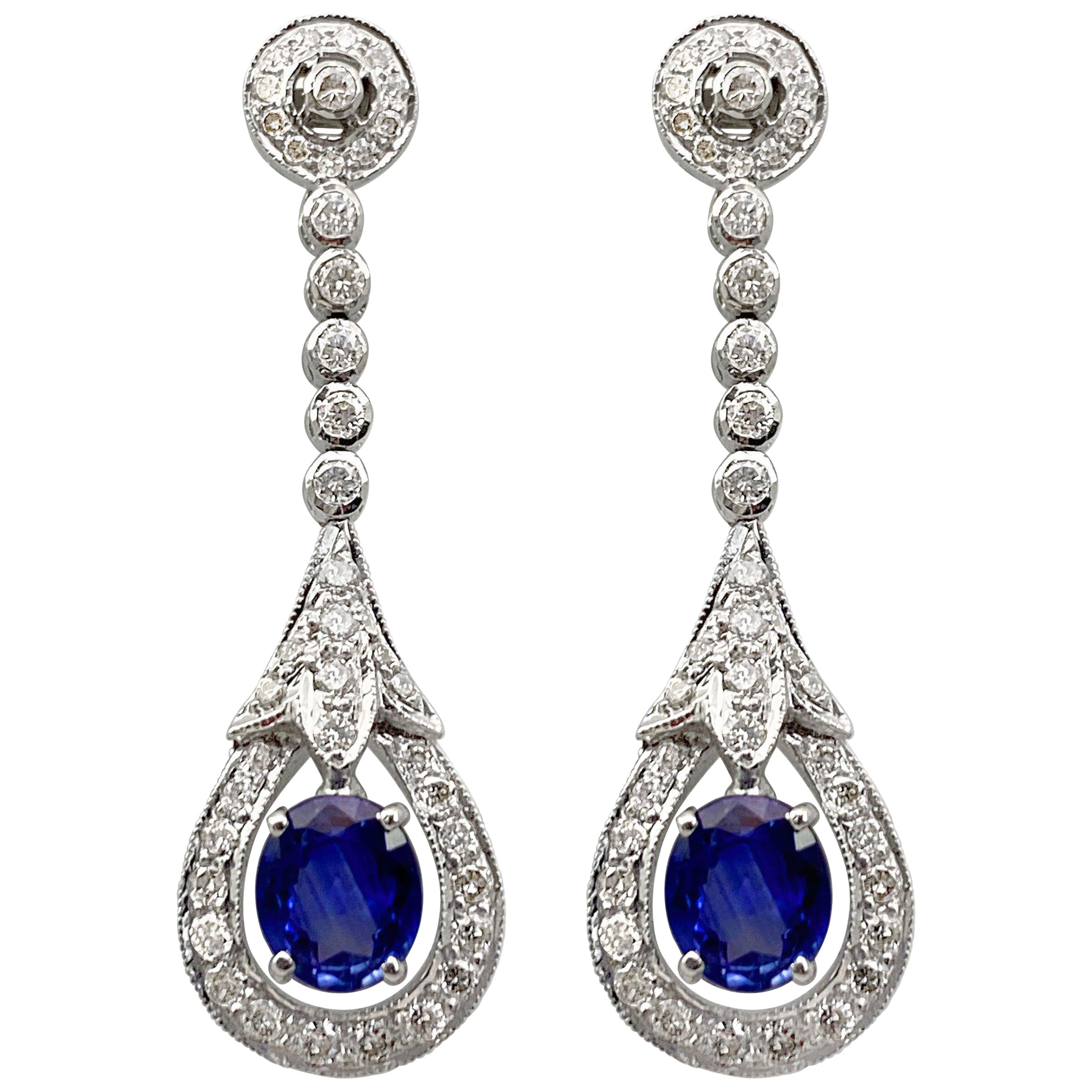 2.21 Carat Natural Blue Sapphire Venus Drop Earrings with 1.5 Carat Diamonds For Sale