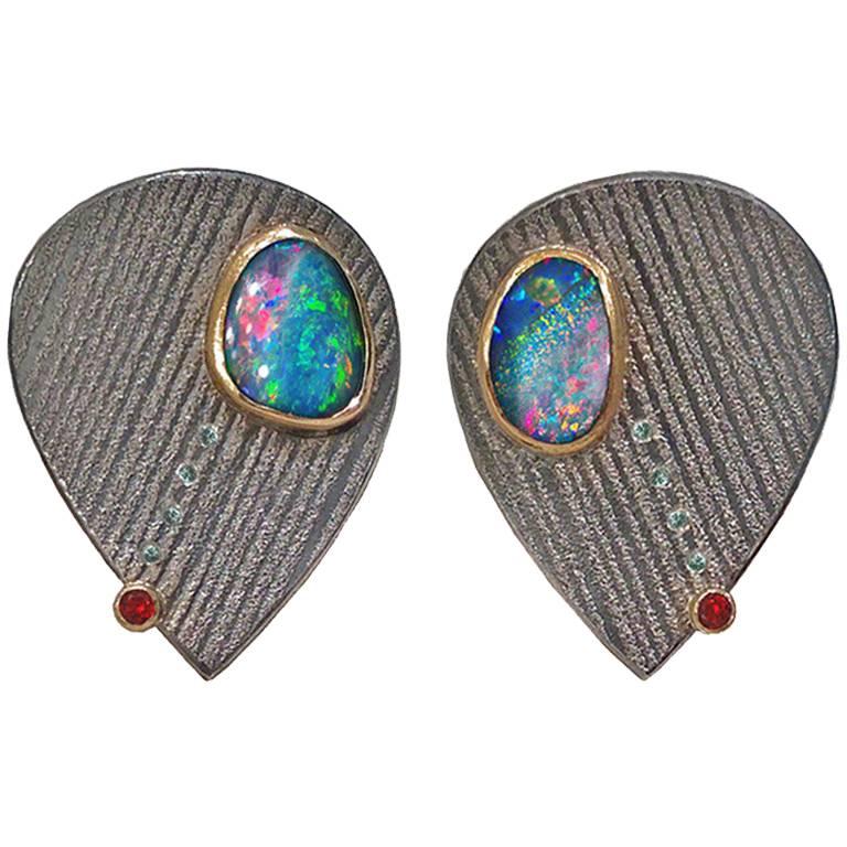 Atelier Zobel Opal Ruby Blue Diamond Silver Gold Platinum Clip Earrings