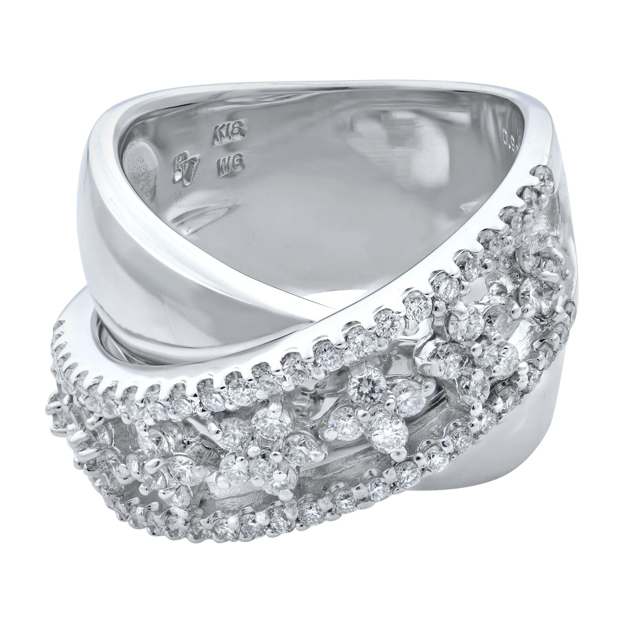 Rachel Koen 18 Karat White Gold Layered Wide Band Diamond Ring 1.00 Carat For Sale