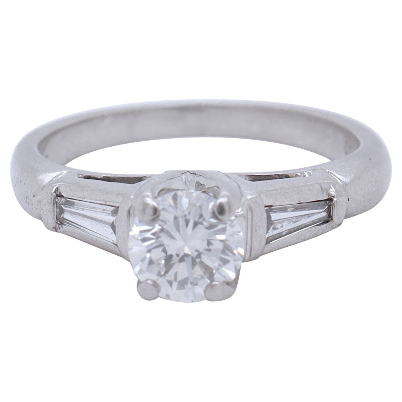 Retro Platinum Cathedral 0.74 Ctw Round Brilliant Cut Diamond Engagement Ring For Sale