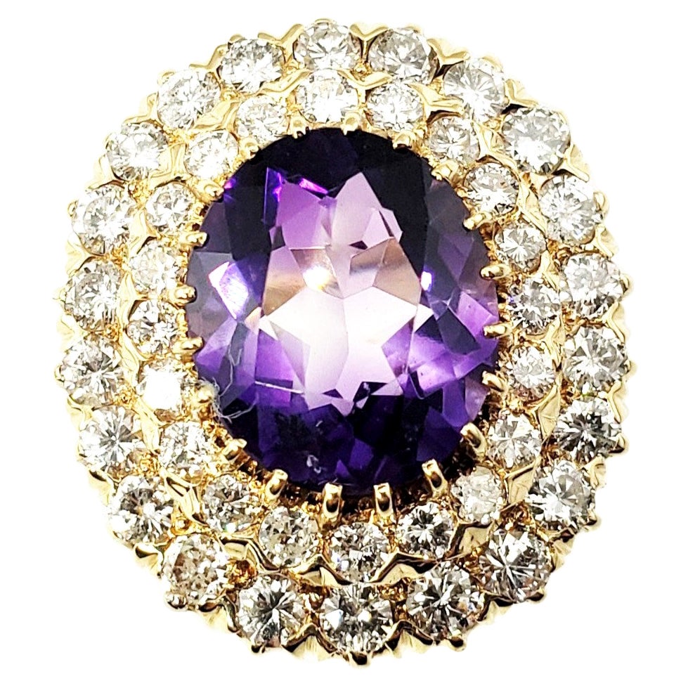 14 Karat Yellow Gold Amethyst and Diamond Ring  For Sale