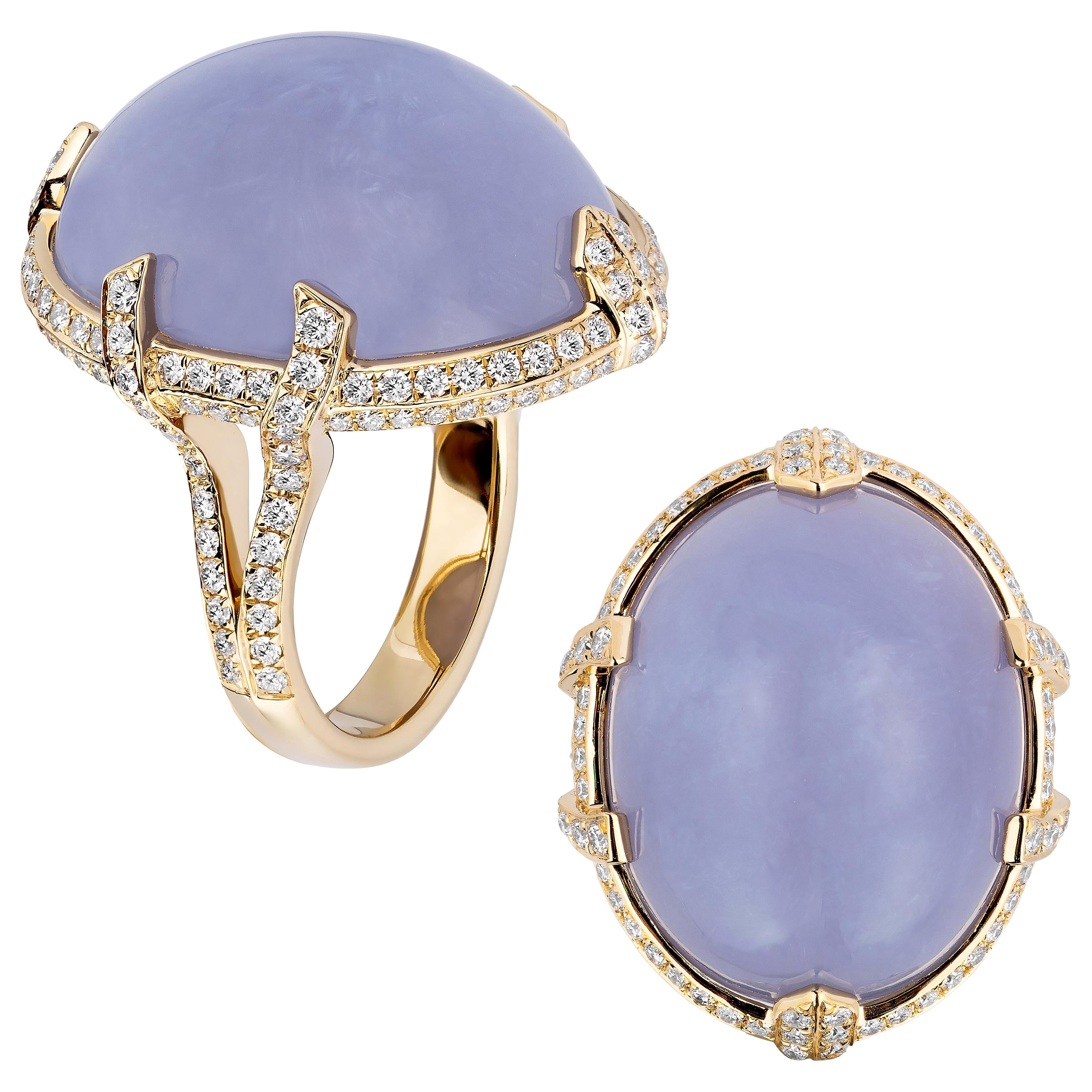 Goshwara Blue Chalcedony Cabochon with Bow Prong Diamonds Ring For Sale