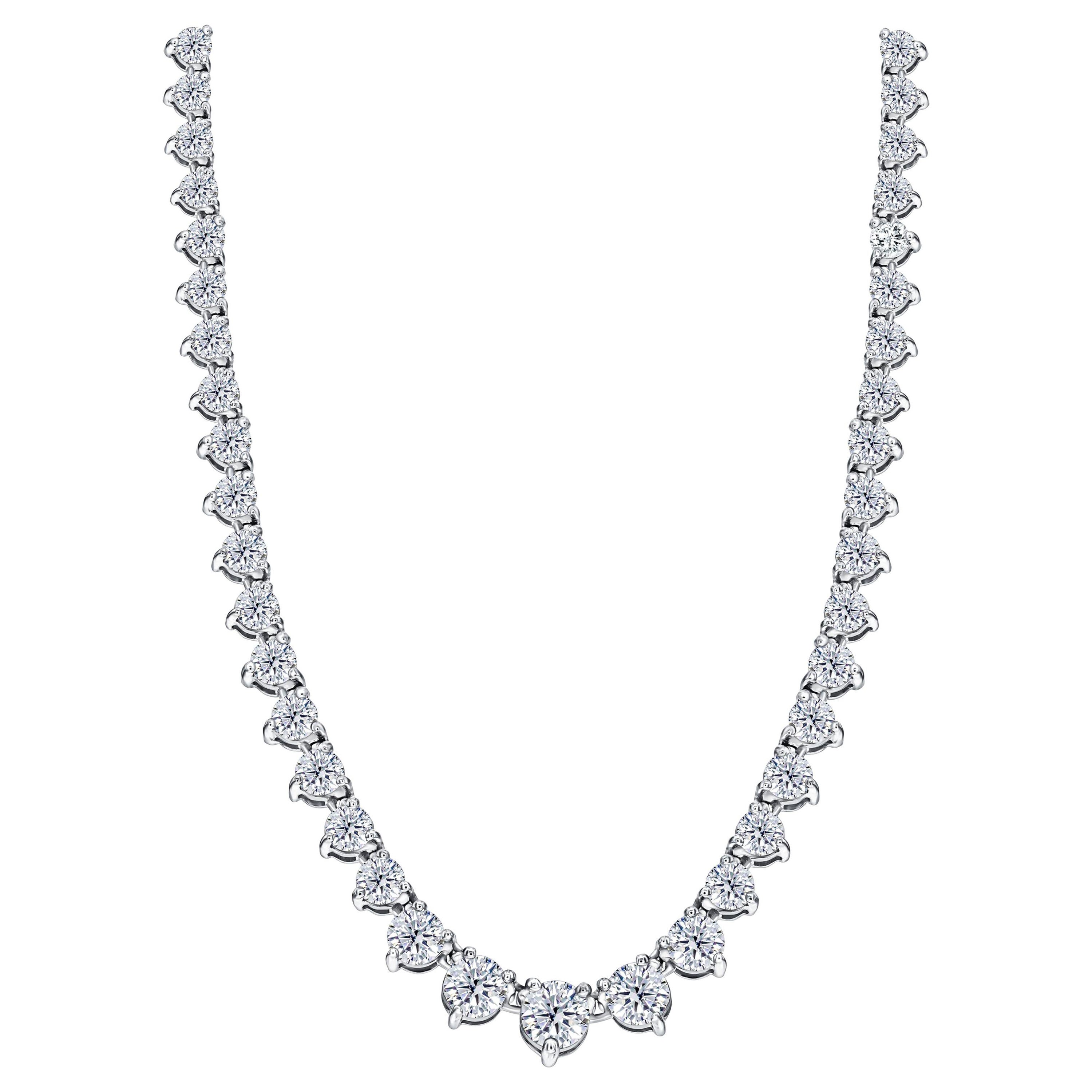 30 Carat Diamond Riviera Three Claws 18 Karat White Gold Tennis Line Necklace