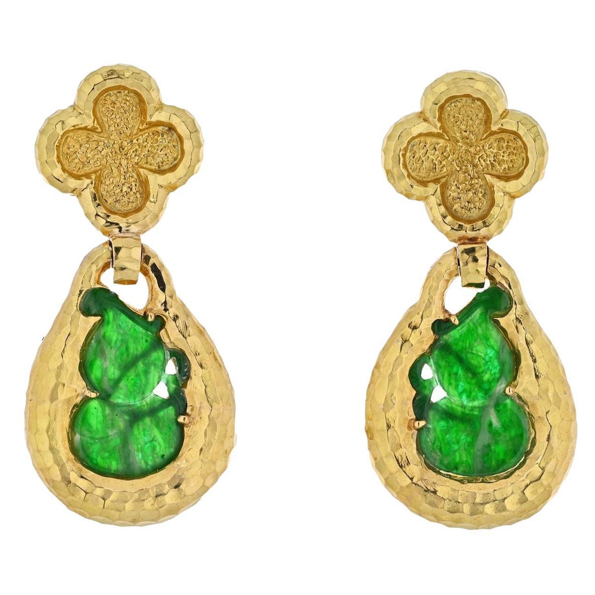 David Webb 18K Yellow Gold Jade Teardrop Dangling Clip on Earrings