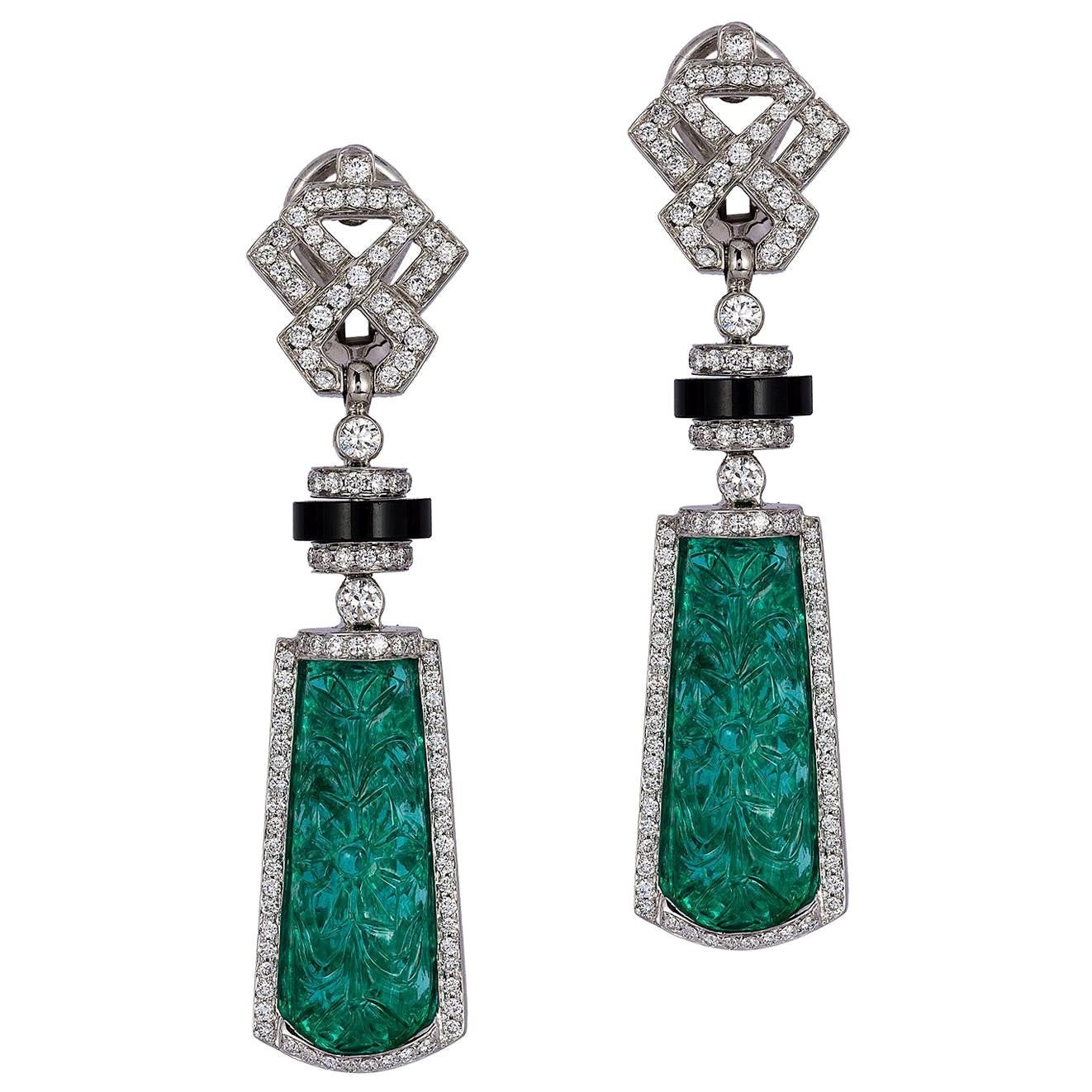 Goshwara Rectangular Carved Emerald and Diamond Earrings