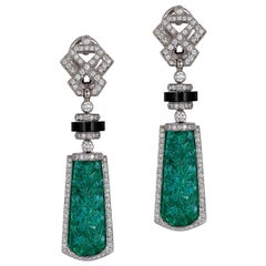 Goshwara Rectangular Carved Emerald and Diamond Earrings