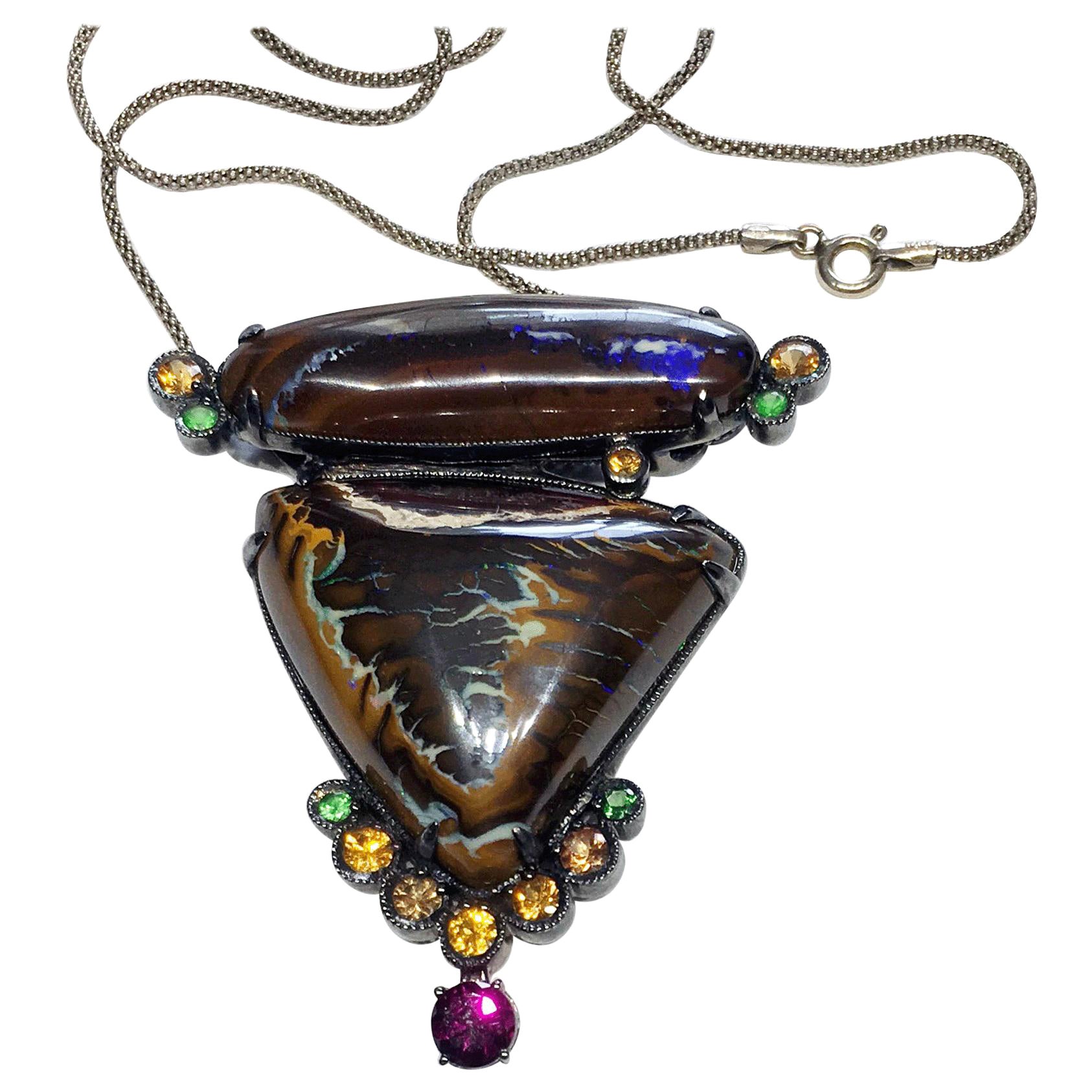 Blackened Silver Pendant with Boulder Opal, Garnet and Sapphire