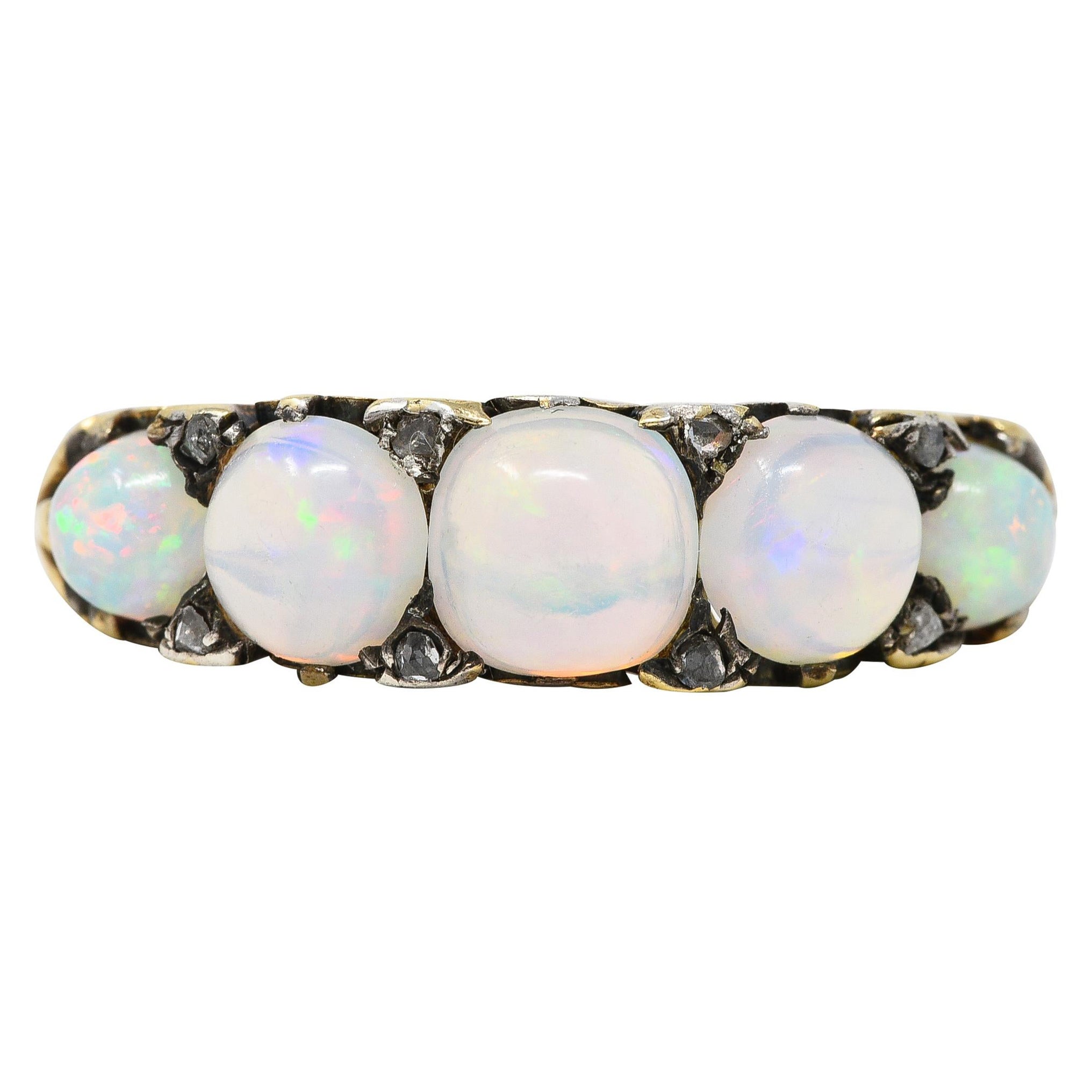 Victorian Jelly Opal Diamond 18 Karat Yellow Gold Five Stone Antique Ring