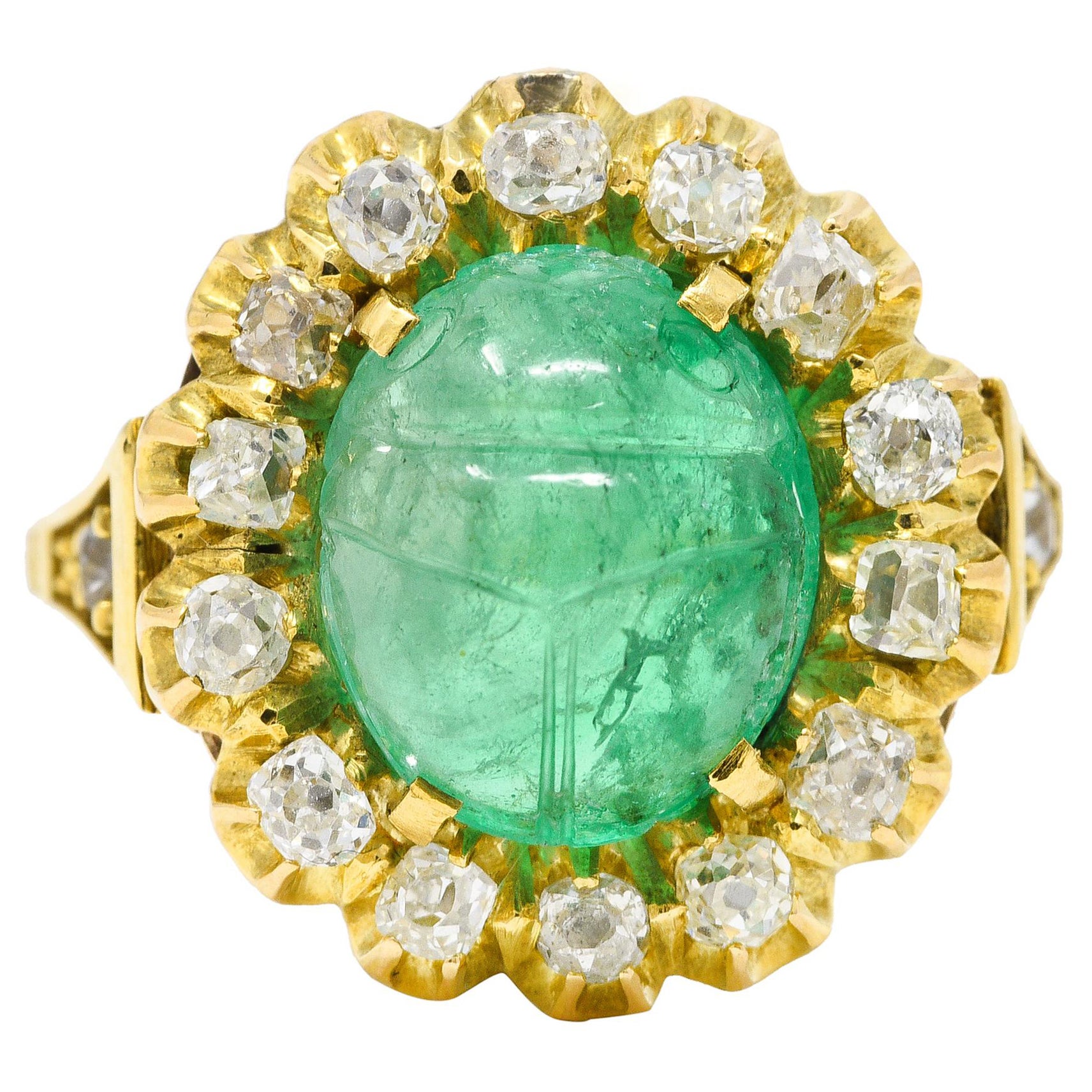 Vintage Egyptian Revival 7.80 Carats Carved Emerald Diamond 18 Karat Ring For Sale