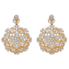 Pendants d'oreilles en or jaune 18 carats avec diamants ronds et baguettes, fabrication artisanale