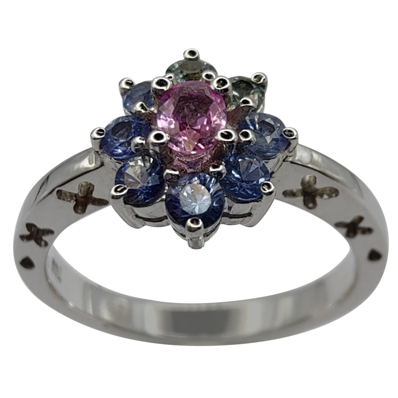 .83 Carat Pink & Blue Sapphire Flower Ring in 18K White Gold For Sale