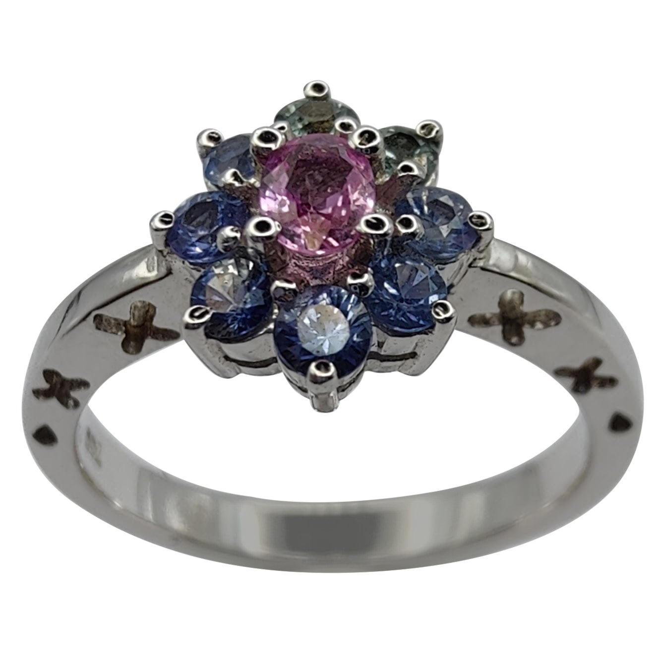 .83 Carat Pink & Blue Sapphire Flower Ring in 18K White Gold