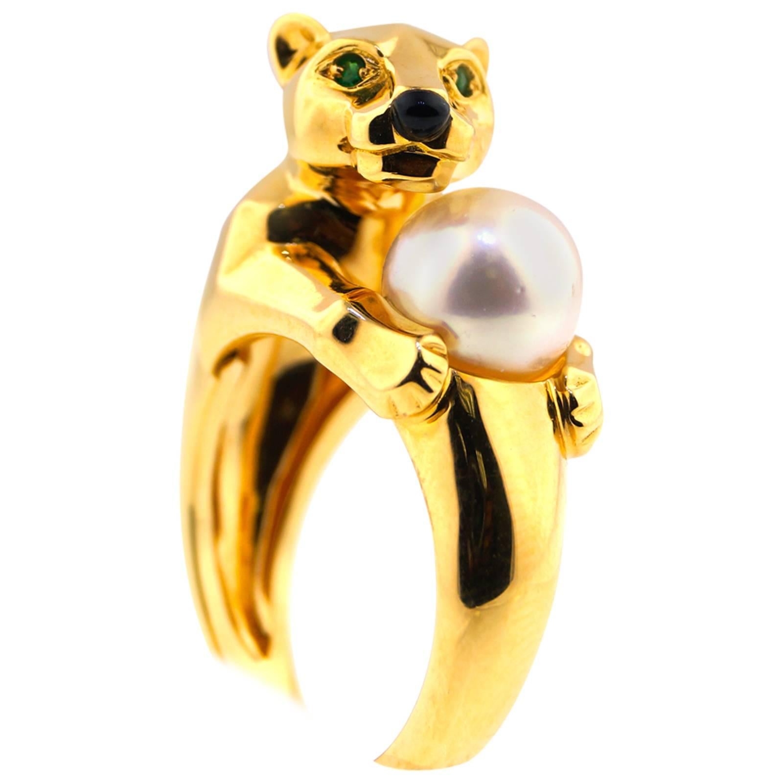  Cartier Black Onyx Pearl Garnet Gold "Panthere" Ring