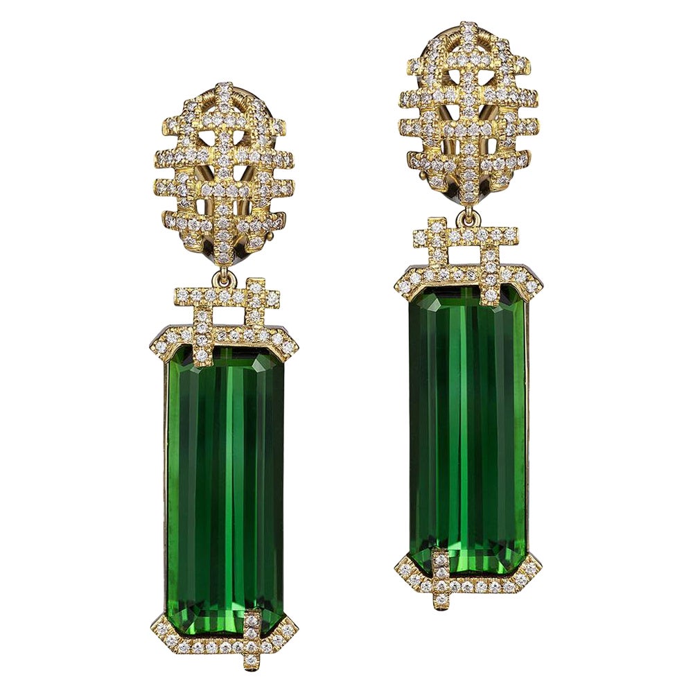 Goshwara Emerald Cut Green Tourmaline and Diamond Earrings For Sale
