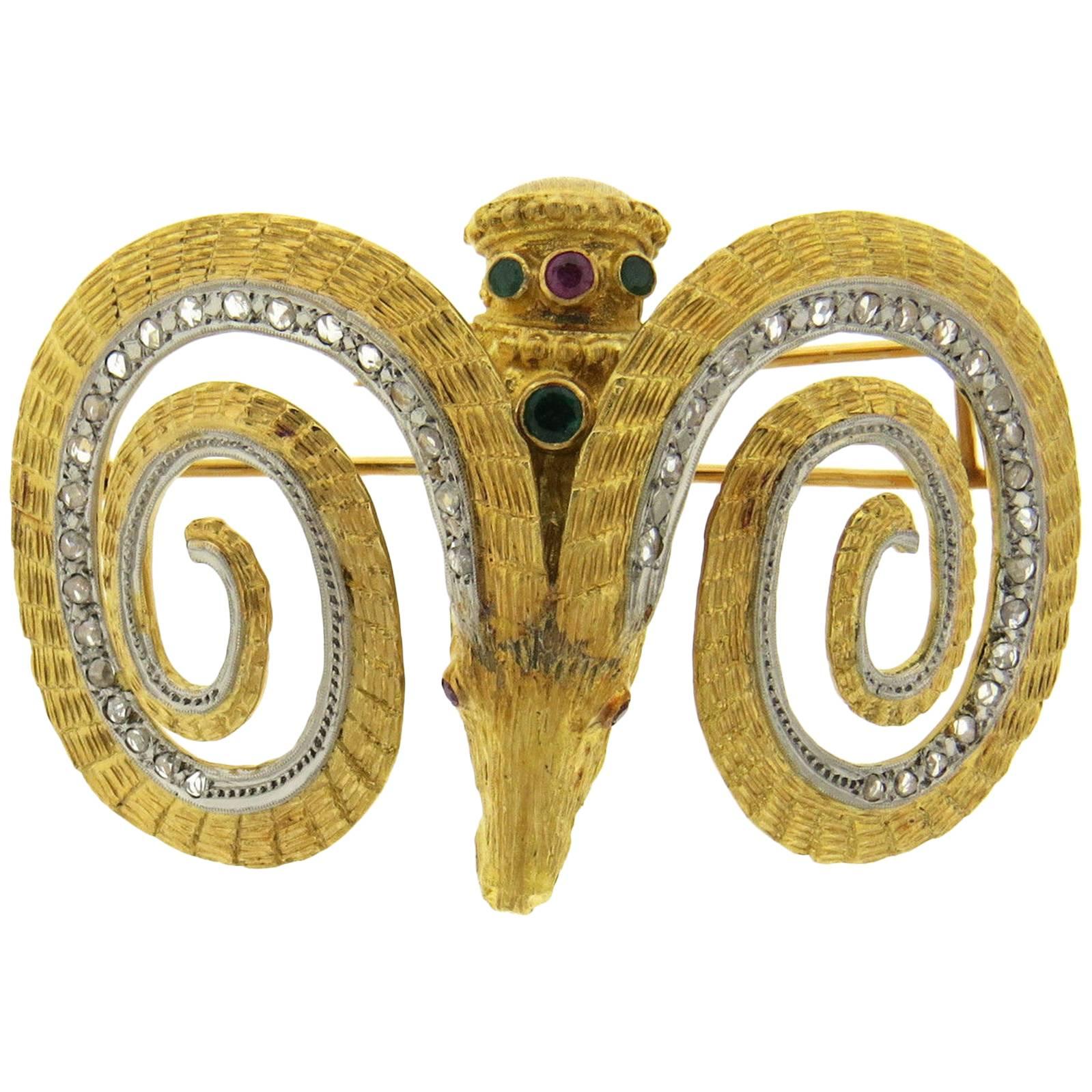 Zolotas Large Emerald Ruby Diamond Gold Ram's Head Brooch Pin