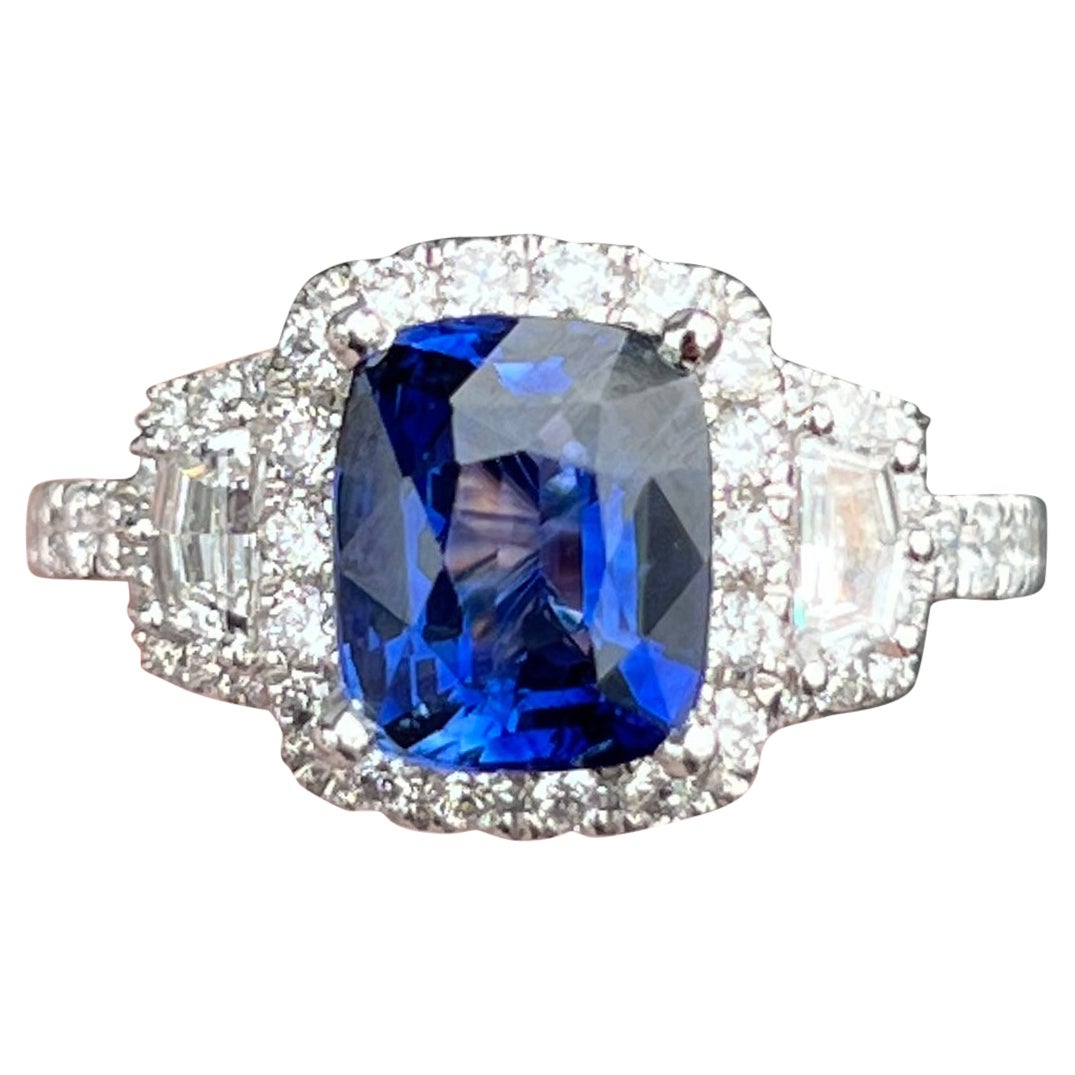 Cushion Cut Ceylon Sapphire and Diamond Trapezoid Engagement Ring For Sale
