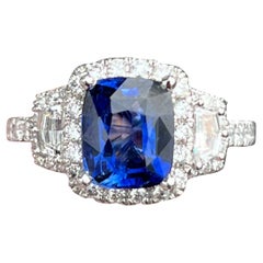 Cushion Cut Ceylon Sapphire and Diamond Trapezoid Engagement Ring