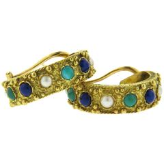 Vintage 1970s Pearl Lapis Turquoise Gold Hoop Earrings