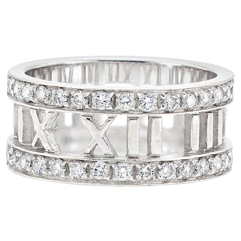 Tiffany & Co. Open ATLAS Roman Numeral 18k White Gold & Diamond Wide Ring