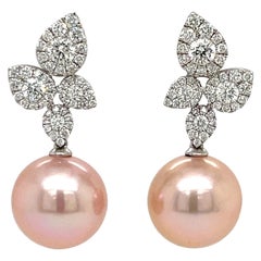 Pink Freshwater Pearl Diamond Cluster Leaf Earrings 1.05 Carat 18 Karat