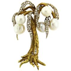 Large Pearl Diamond Gold Tree Brooch Pin 12