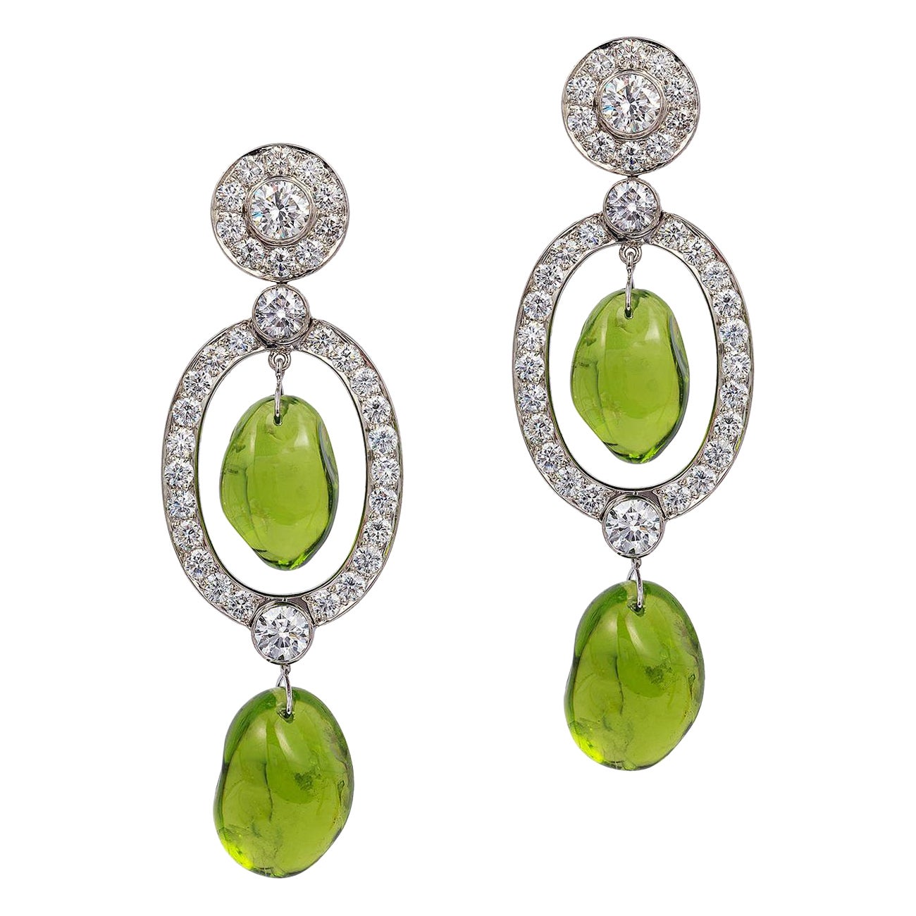 Goshwara Peridot Tumble Bead and Diamond Long Earrings For Sale