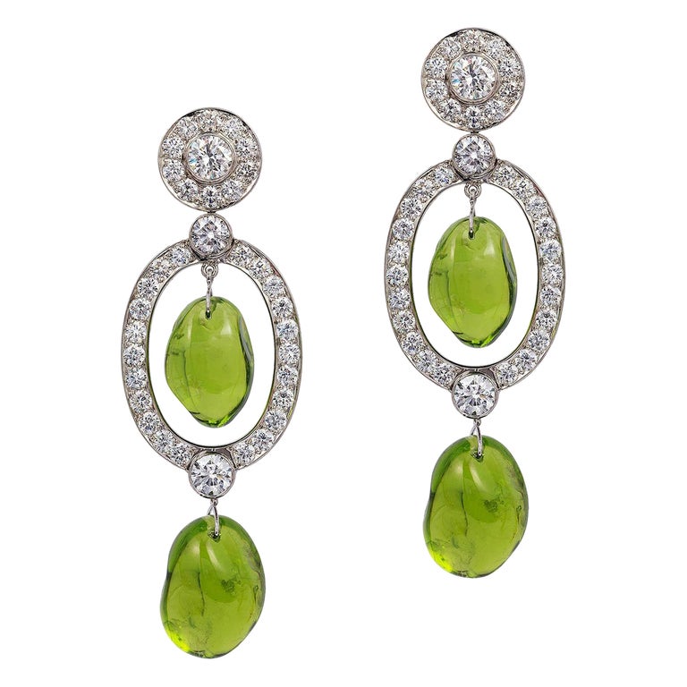 Goshwara Peridot Tumble Bead and Diamond Long Earrings For Sale at 1stDibs