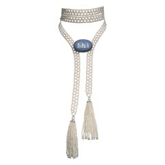 Marina J Woven Pearl Sautoir with 14 K White Gold Cup and Pearl Tassels & Brooch