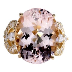 12.00 Carats Exquisite Natural Morganite and Diamond 14K Solid Yellow Gold Ring