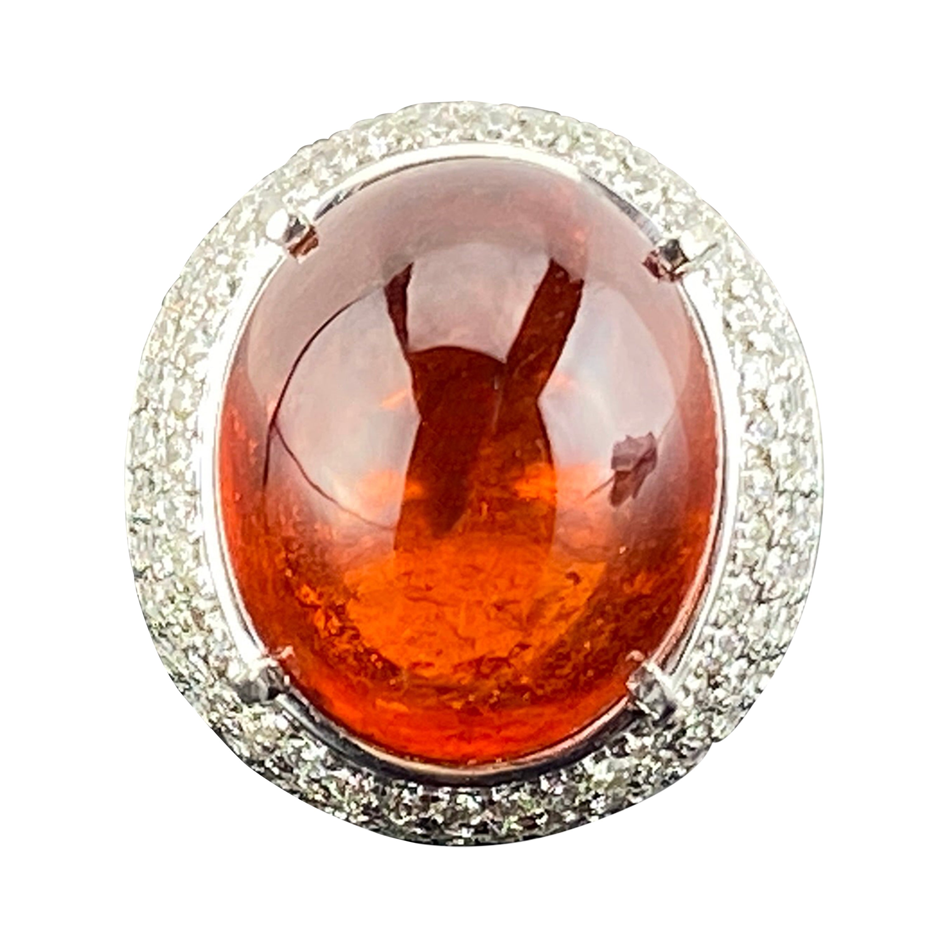 Mandarin Garnet Spessatite Cabochon Cocktail Ring With Diamonds And 18K Gold  For Sale