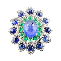 Vintage 4 Carat Tanzanite, Emerald And Sapphire Cabochon Ring Cocktail Gold Ring