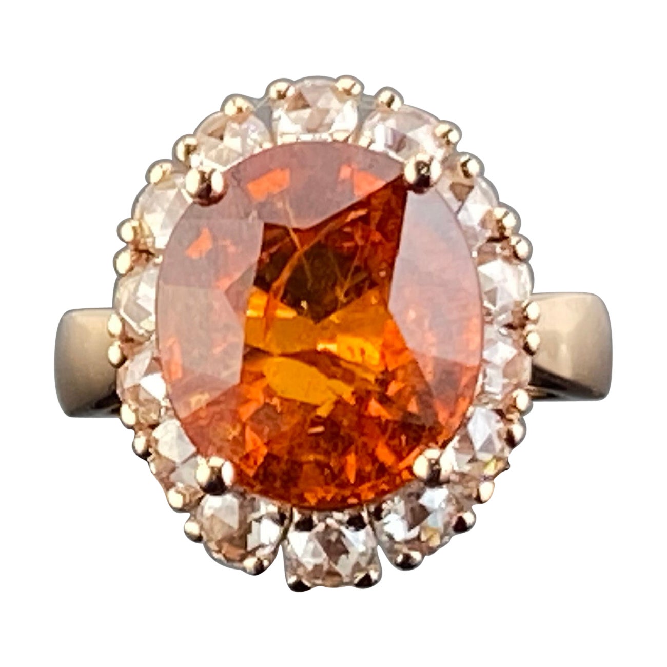 Bague en or rose avec grenat mandarin certifié de 10 carats et diamants taille rose en vente
