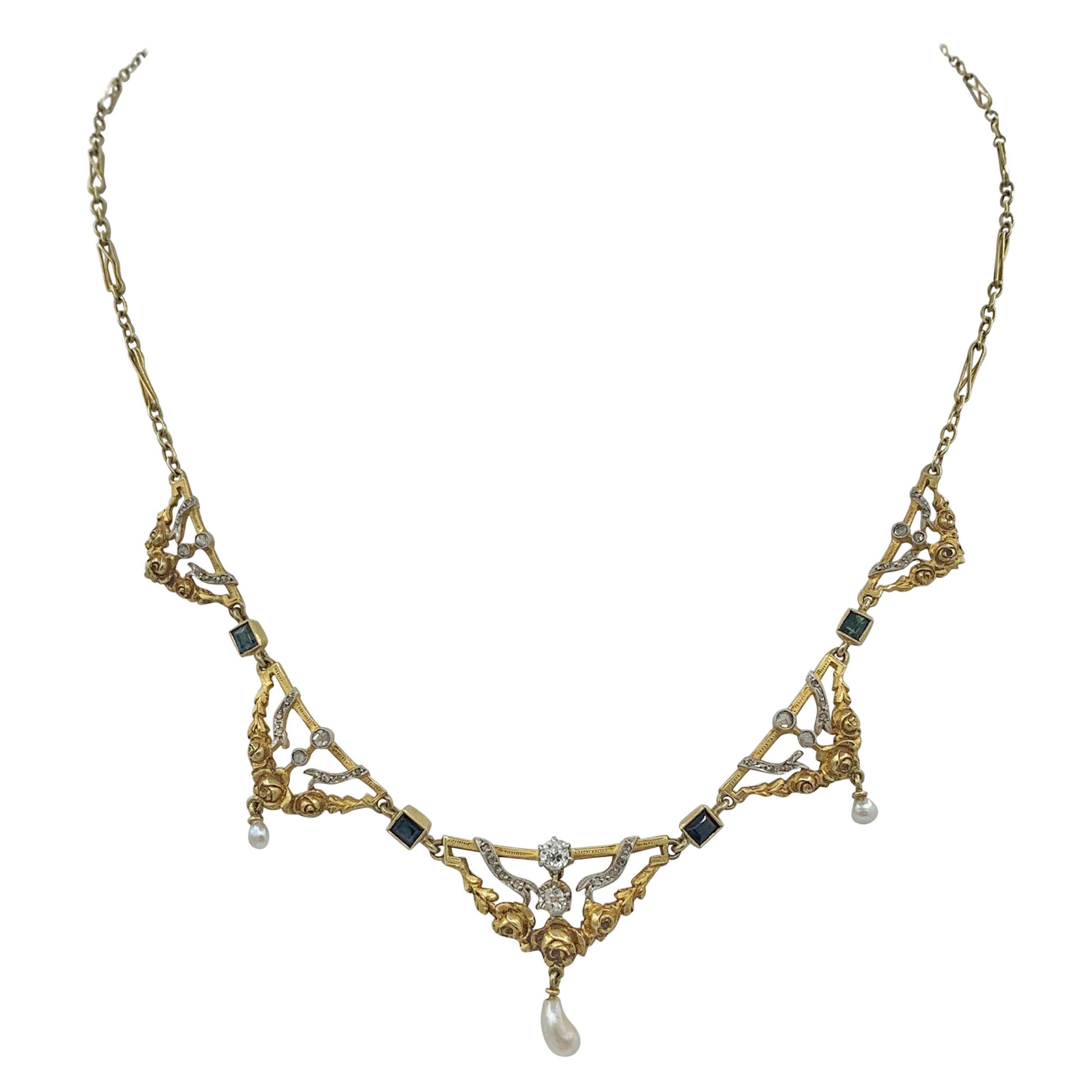 Collier à guirlandes en or 18 carats avec diamants, saphirs et perles de style Belle Époque (ancienne mine française)