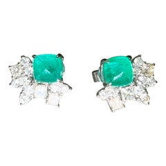 Cab Sugarloaf Emerald 3.12 Carat w/ Diamond 1.38 Carat Statement Earring Stud