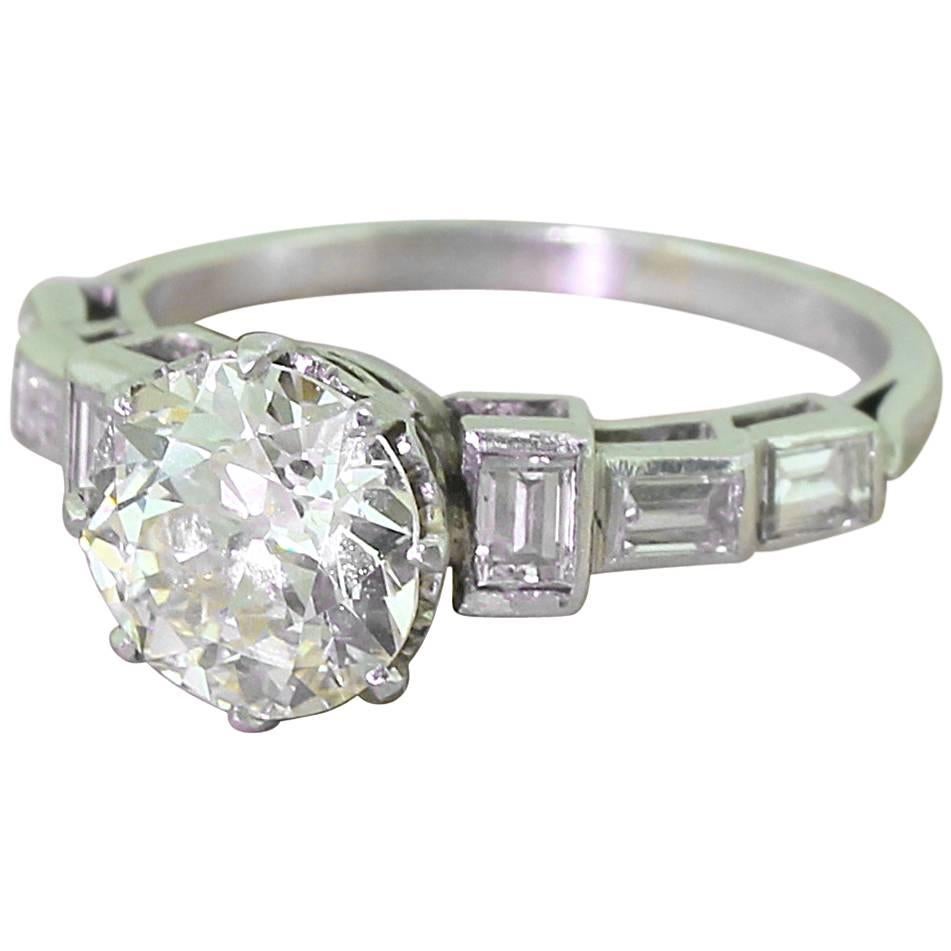 Art Deco 2.49 Carat Old Cut and Baguette Cut Diamond Platinum Engagement Ring For Sale