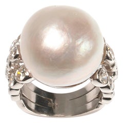 Vintage Baroque Mabé Pearl, Diamond and White Gold Ring, Circa 1990