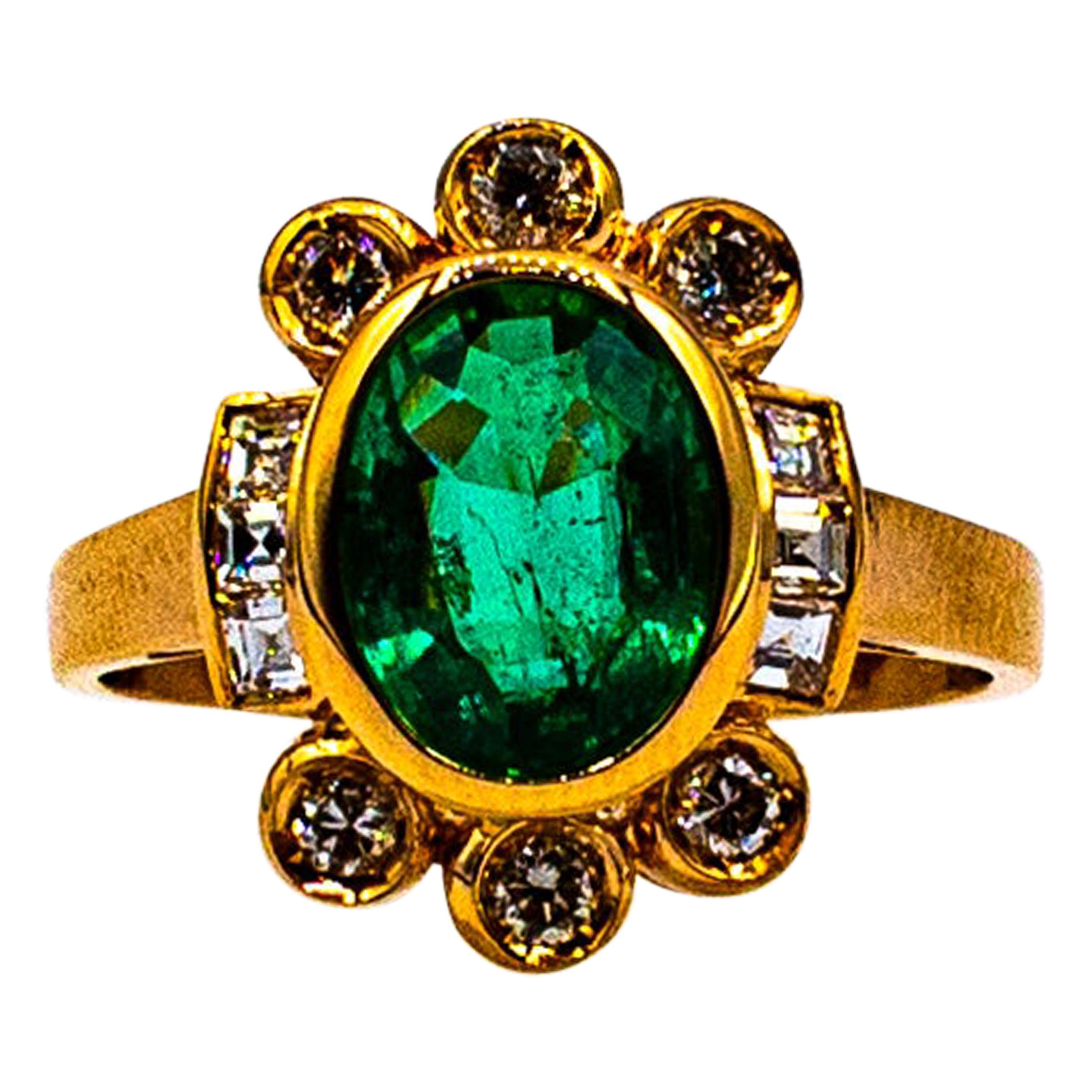 Art Deco Style Oval Cut Emerald White Diamond Yellow Gold Cocktail Ring