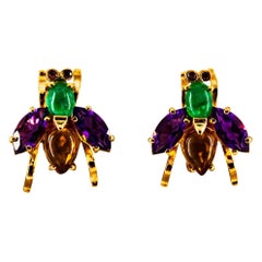Art Deco Style Emerald Amethyst Citrine Ruby Yellow Gold Stud Flies Earrings