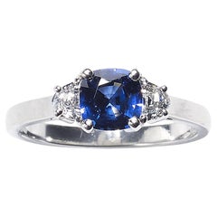 Sapphire and Half Moon Diamond Platinum Ring