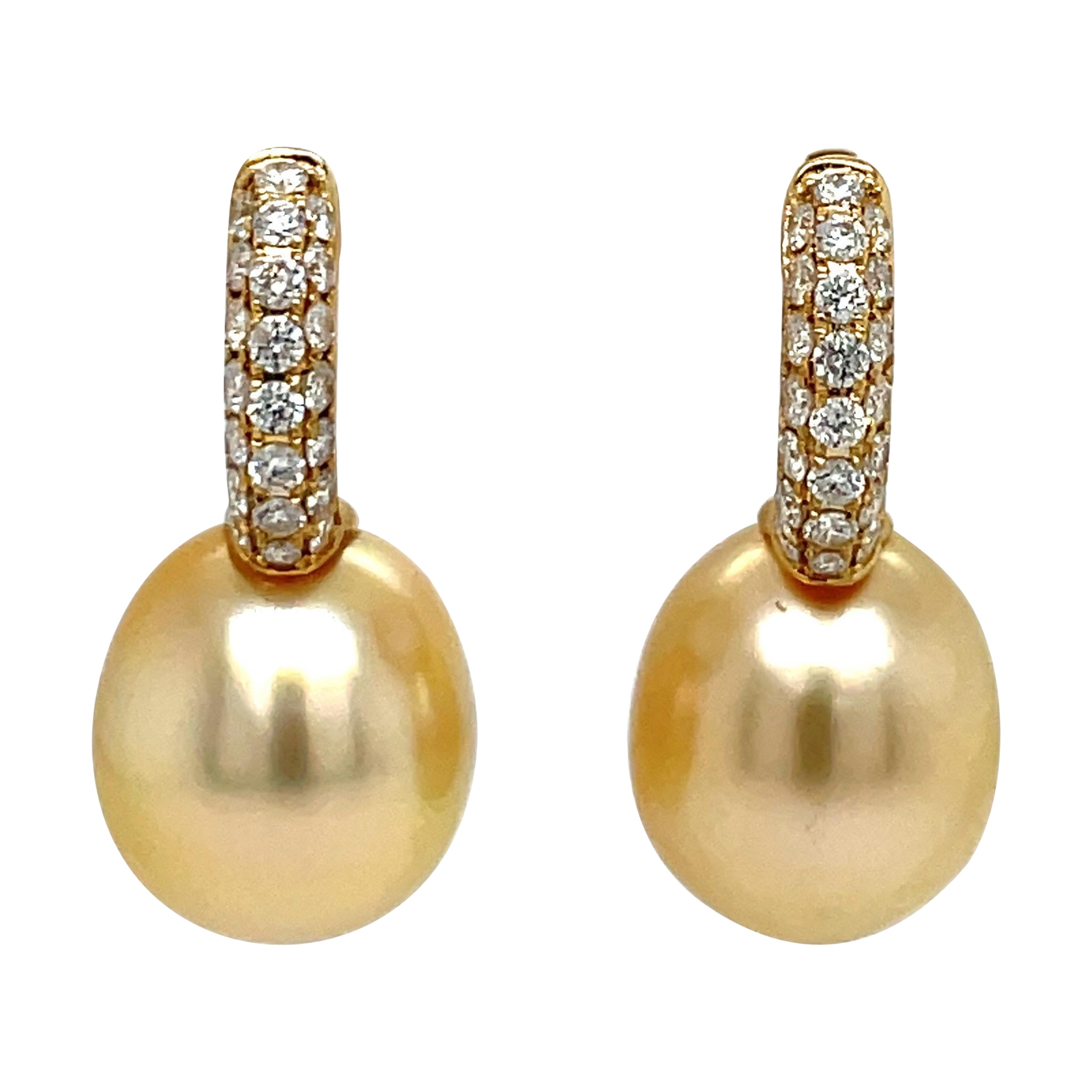 Golden South Sea Pearl Diamond Drop Earrings 0.78 Carats 18 Karat Gold